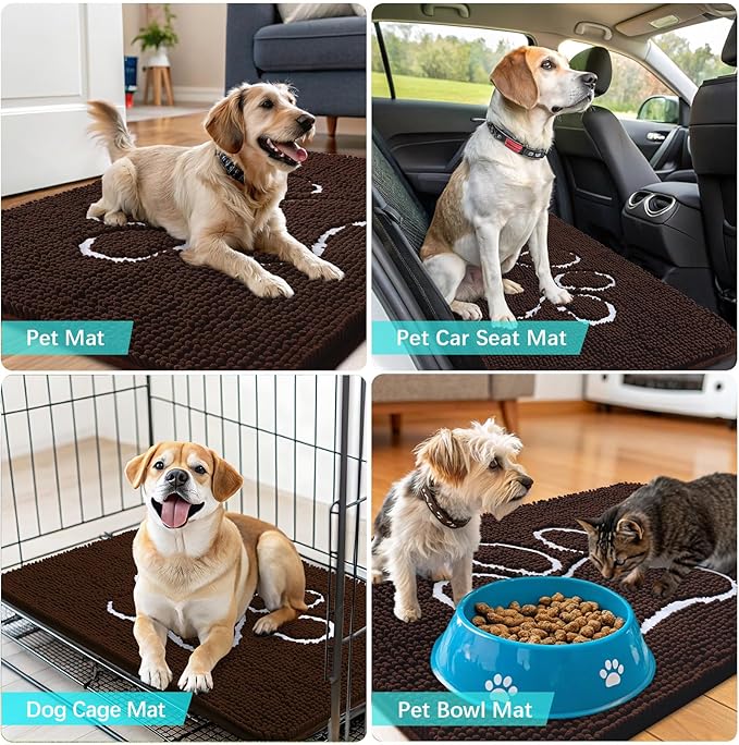 OLANLY Door Mat for Muddy Dog Paws 40x32, Ultra Absorbent Chenille Mud Doormat with Paw Print Design, Non-Slip Washable Doormat for Indoor Entryway, Quick-Dry Pet Bed Mats for Dirty Dogs, Brown