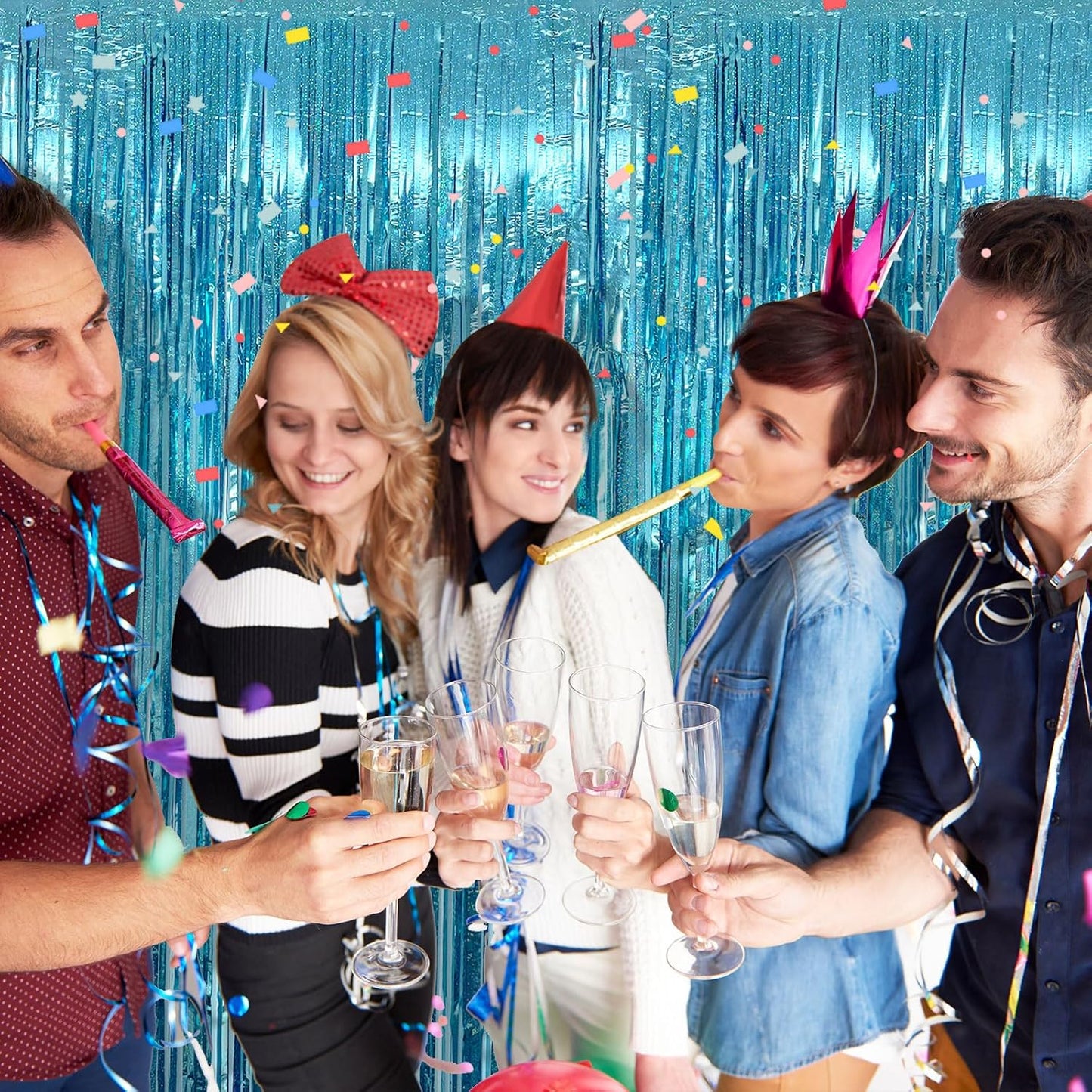 5 Pack Blue Tinsel Streamers Foil Fringe Curtains Backdrop for Baby Shower Graduation Gender Reveal Ocean Disco Theme Party Decorations