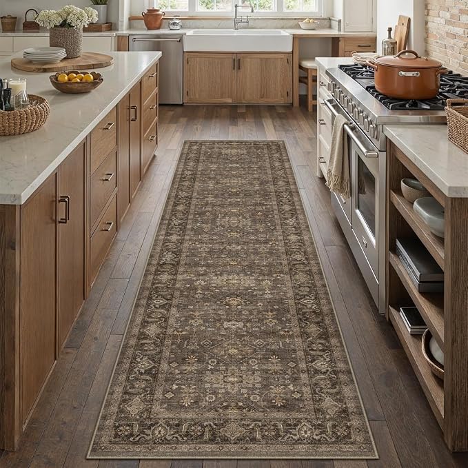 2'6x10 Washable Runner Rug for Hallway Kitchen Vintage Brown Non Slip Low Pile - Image 4
