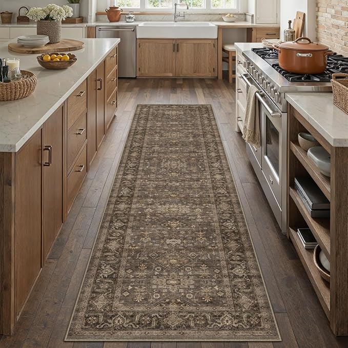 2x8 Washable Runner Rug for Hallway Kitchen Vintage Brown Non Slip Low Pile - Image 4