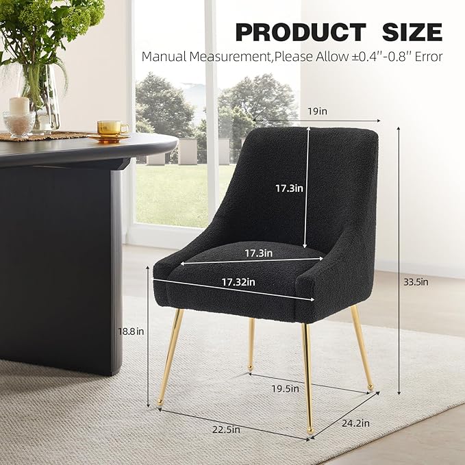 Dining Chairs Medieval Modern Restaurant Chairs, Soft Cushions, Teddy Velvet, Polished Gold Metal Legs, Kitchen Chairs, Living Room Black 2-Piece Set