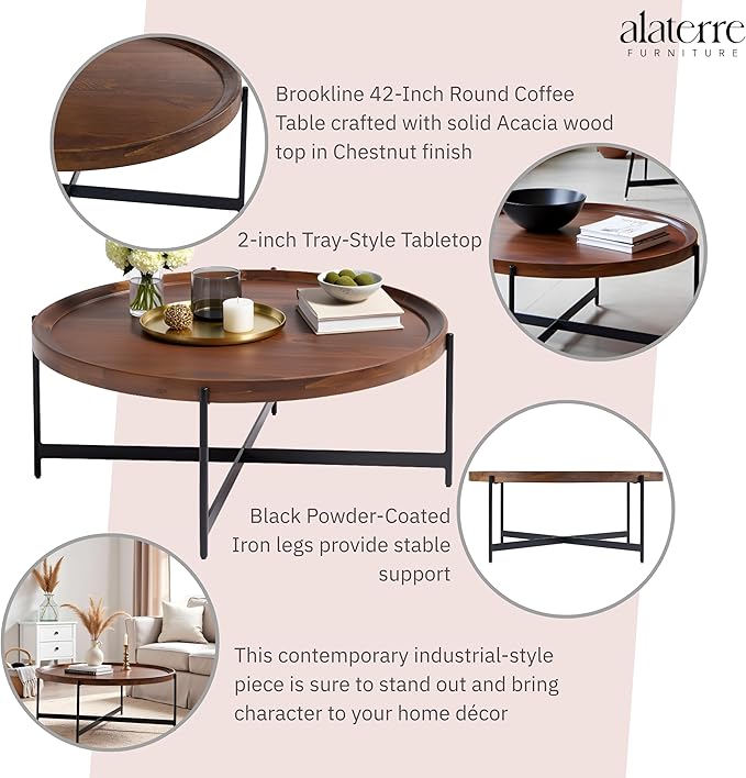Brookline Solid Acacia Wood 42-Inch Round Coffee Table with Black Powder-Coated Metal Legs – Rustic Industrial Modern Farmhouse Living Room Furniture by Alaterre
