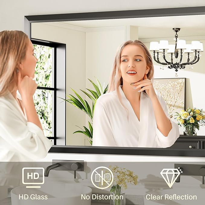 60x36 Inch Black Bathroom Mirror for Wall, Thick Metal Framed Rectangle Mirrors for Over Sink, Bedroom, Living Room, Entryway, Anti-Rust, HD Tempered Glass