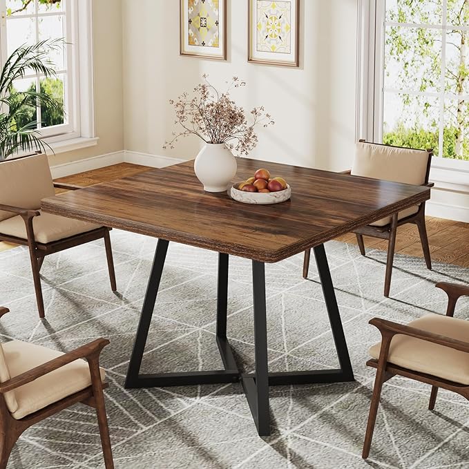 Tribesigns Square Dining Table for 10, 31.5" Industrial Dinner Table with Metal Base, Kitchen Table for Dining Room, Small Space, Apartment, Rustic Brown & Black