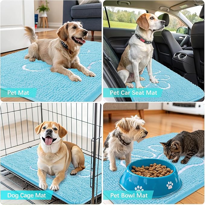 OLANLY Door Mat for Muddy Dog Paws 48x30, Ultra Absorbent Chenille Mud Doormat with Paw Print Design, Non-Slip Washable Doormat for Indoor Entryway, Quick-Dry Pet Bed Mats for Dirty Dogs, Blue