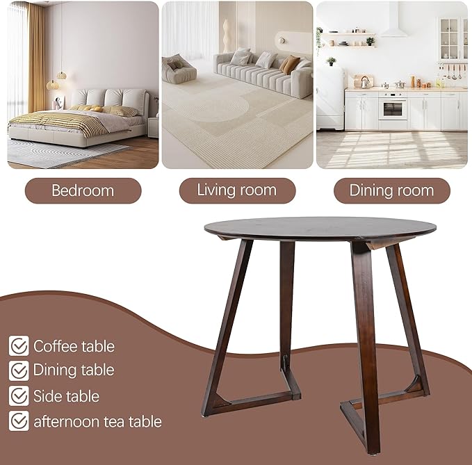 Round Rubber Solid Wood Dining Table - Mid Century Modern Style with V-Shaped Wooden Frame Base, Multi-Functional as Meeting/Coffee/Leisure Table,Space Saving Design,35”