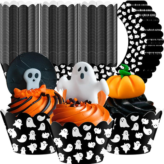 Domensi 100 Pcs Halloween Ghost Cupcake Wrappers Cupcake Liners Ghost Baking Cups Baking Liners for Wedding Bridal Baby Shower Birthday Halloween Party Supplies Dessert Decoration