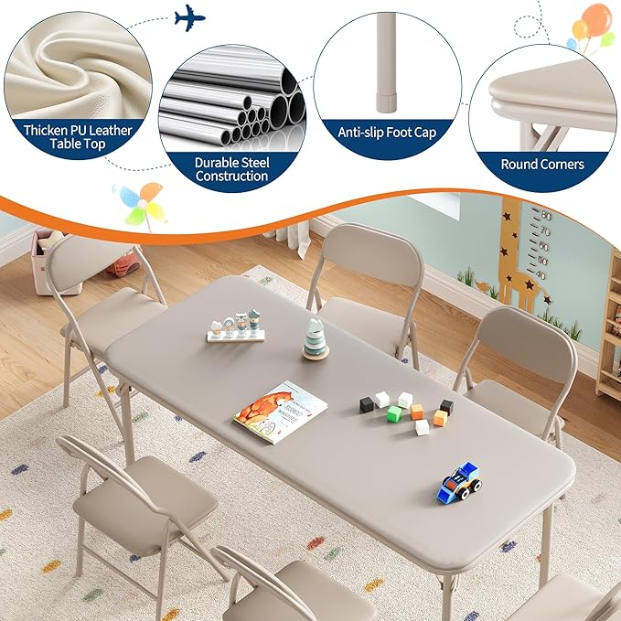 IDEALHOUSE 7 Piece Folding Kids Table and Chairs Set, Children Activity Table and Chairs Set for Dining Room,Daycare,Classrooms