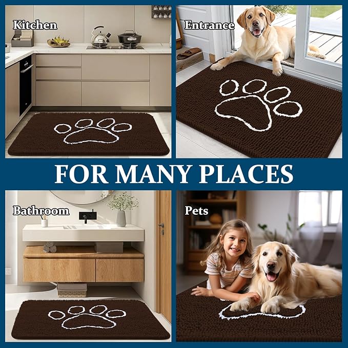 OLANLY Door Mat for Muddy Dog Paws 59x35, Ultra Absorbent Chenille Mud Doormat with Paw Print Design, Non-Slip Washable Doormat for Indoor Entryway, Quick-Dry Pet Bed Mats for Dirty Dogs, Brown