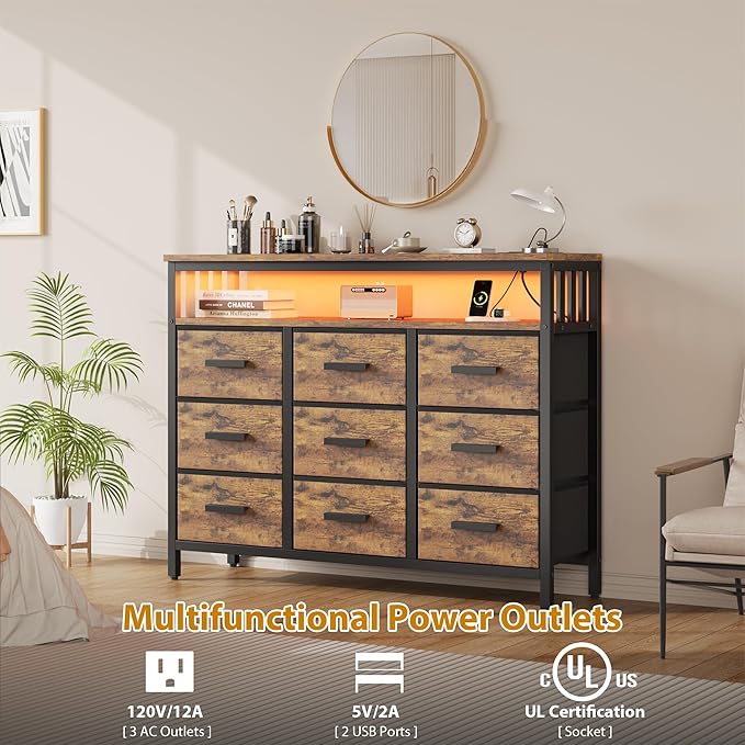 9 Drawer Dresser TV Stand up to for 50” TV with LED Lights & Power Outlets, Entertainment Center with Open Shelf, Media Console, Large Storage Dresser for Bedroom (Rustic Brown)