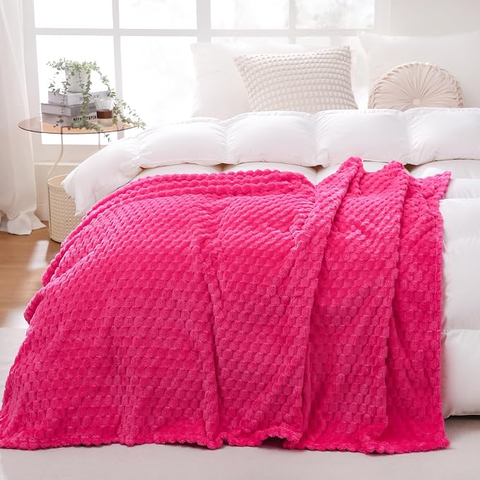 Puncuntex Hot Pink Throw Blanket 90"×90" inches Fuzzy 3D Jacquard Decorative by Puncuntex