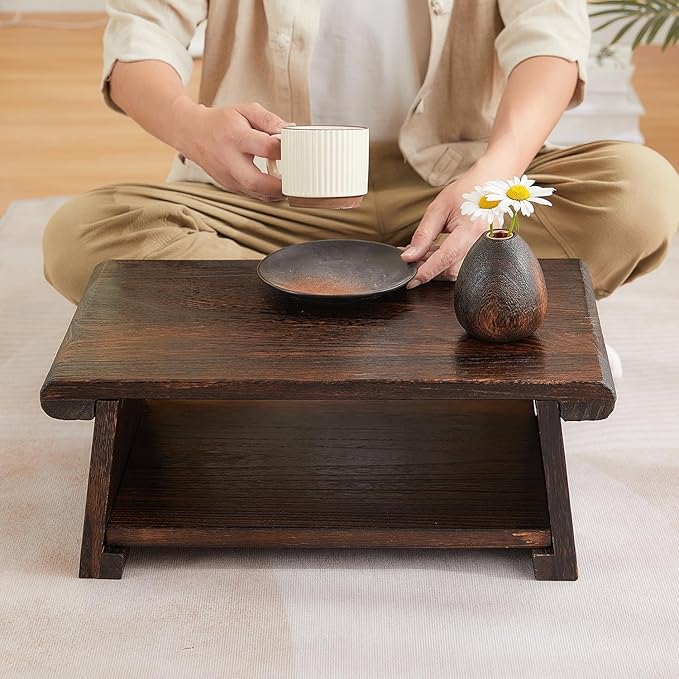 Japanese Altar Table,Folding Floor Table,Wood Small Low Meditation Table,Coffee Table for Living Room, Brown,19.7" x 11.8" x 7.9"
