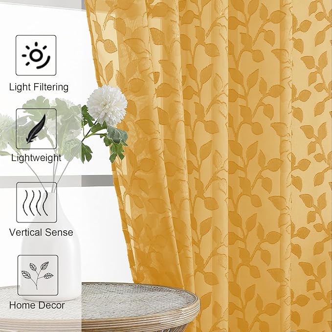 Chyhomenyc Gold Sheer Curtains 63 Inch Length 2 Panels Set, Light Filtering - Image 3