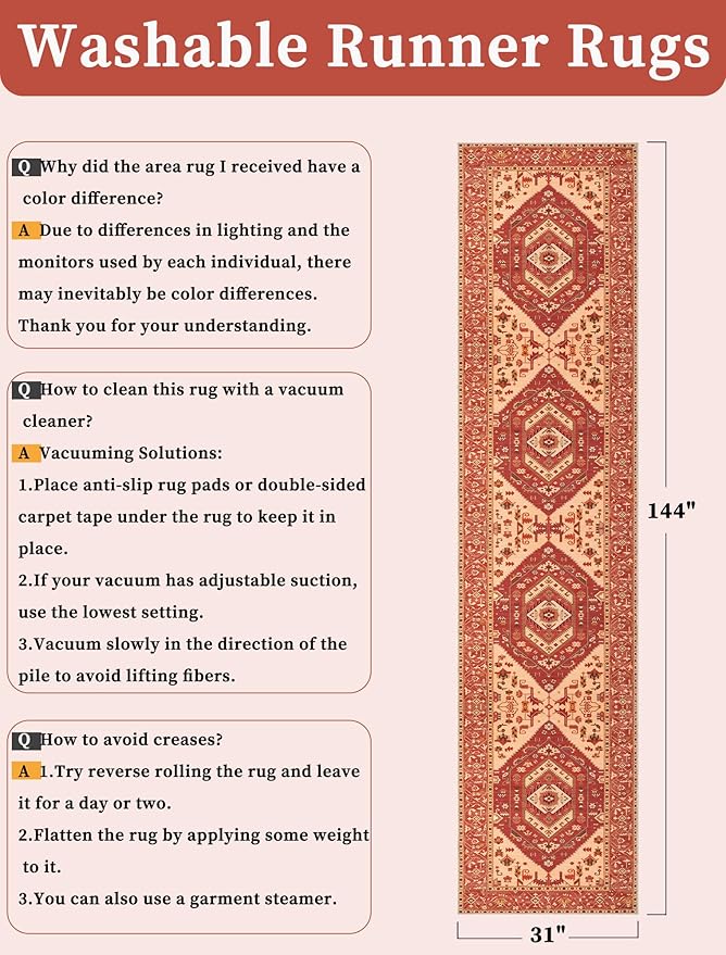 SERISSA Runner Rug for Hallways, Extra Long Boho Rug Ultra Soft Vintage Red - Image 6