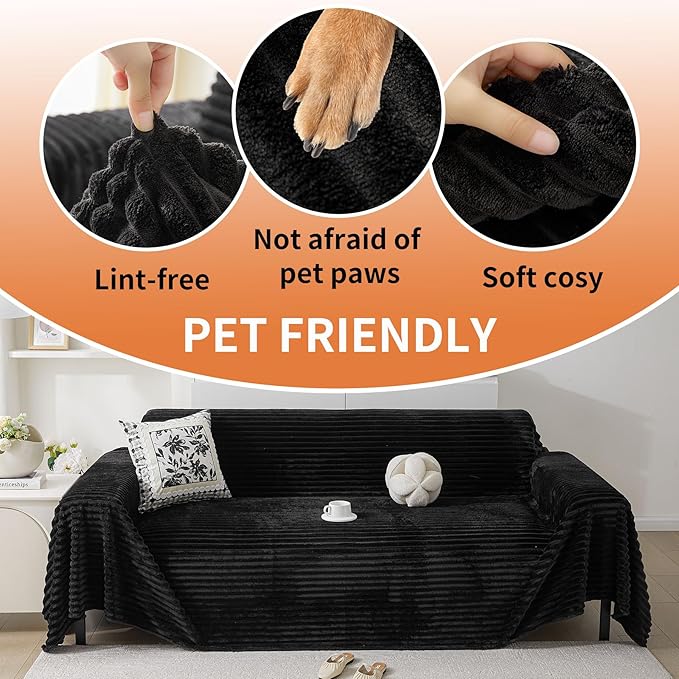 HAOMAIJIA Faux Fur Sofa Covers Couch Covers for 2 Cushion Couch Sofa Pet Friendly Soft Non Slip Couch Cover for Dogs Washable Sectional Couch Covers L Shape Furniture Protector (Black, 71"x102")