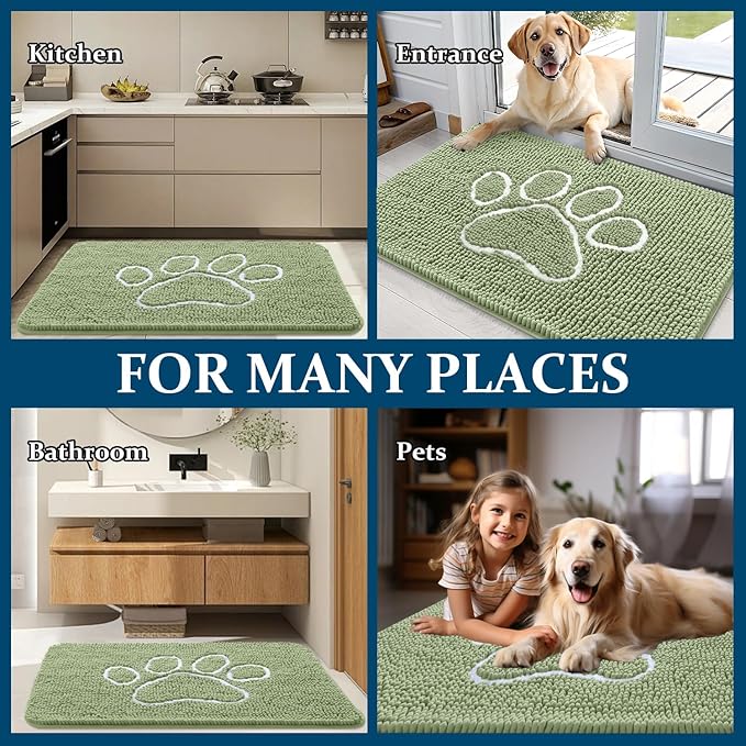 OLANLY Door Mat for Muddy Dog Paws 24x16, Ultra Absorbent Chenille Mud Doormat with Paw Print Design, Non-Slip Washable Doormat for Indoor Entryway, Quick-Dry Pet Bed Mats for Dirty Dogs, Sage Green