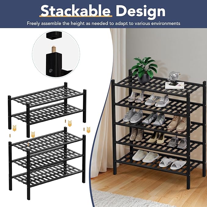 Haddockway 3 Tier Bamboo Shoe Rack Storage Organizer, Multifunctional Free Standing Stackable Shoe Shelf with Grid Panel for Closet,Hallway,Entryway,Small Space 27"x11"x20" (Black, 3 Tier)