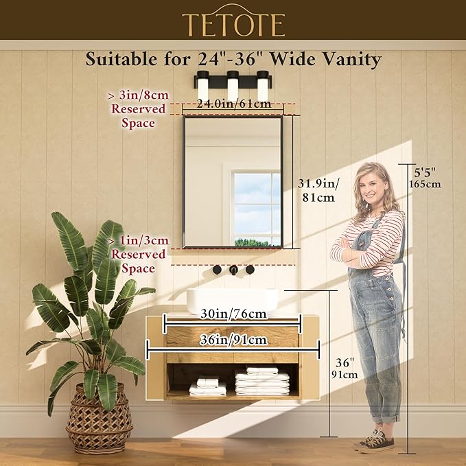 TETOTE Black Mirror for Bathroom Sink 24" x 32" Matte Black Beveled Metal Frame Bathroom Vanity Rectangle Mirror for Wall, Modern Farmhouse, Tempered Glass, Shatterproof, Stronger Frame