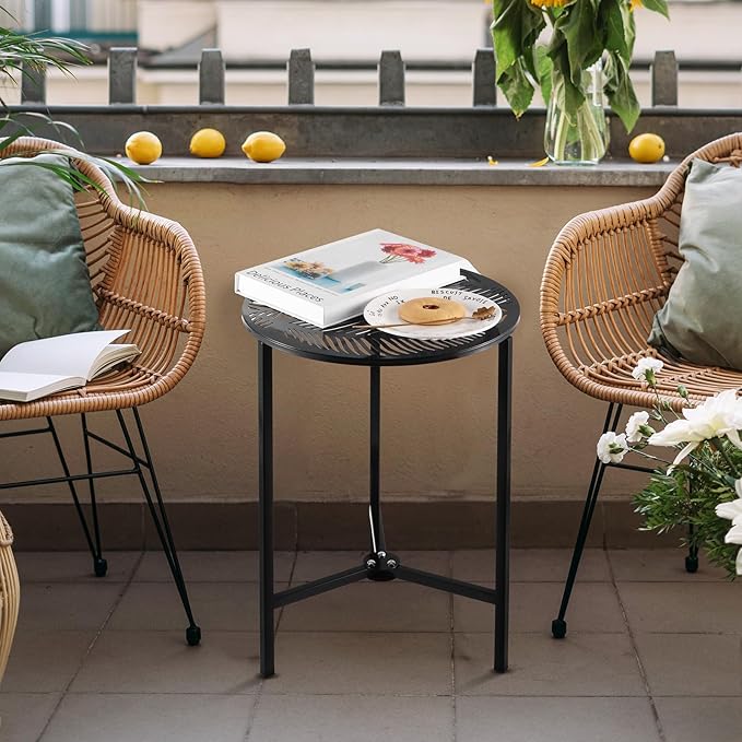 1 Packs 13" Metal Outdoor Side Tables Small Black Outside End Table for Patio Round Accent Corner Stand for Small Spaces Weather-Resistant Coffee Table for Balcony Porch Plant Stand, Tropical Leaves