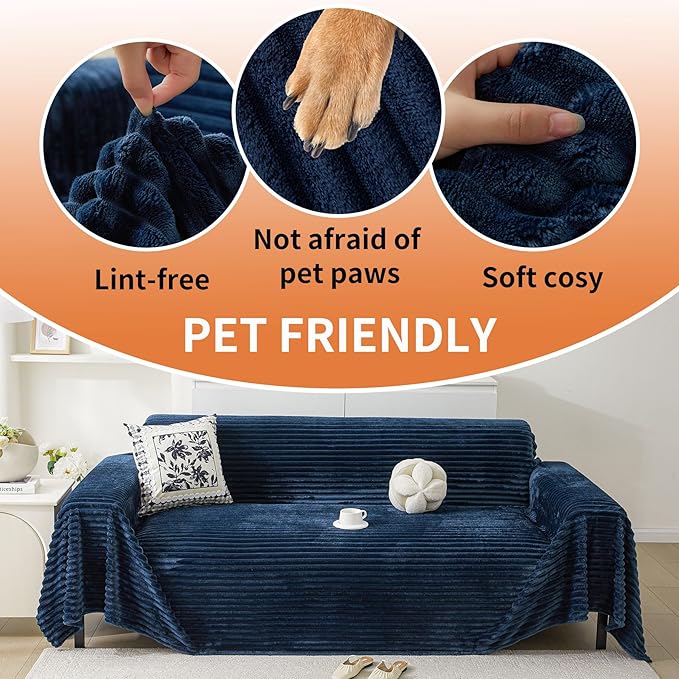 HAOMAIJIA Faux Fur Sofa Covers Couch Covers for 3 Cushion Couch Sofa Pet Friendly Soft Non Slip Couch Cover for Dogs Washable Sectional Couch Covers L Shape Furniture Protector (Navy Blue, 71"x150")