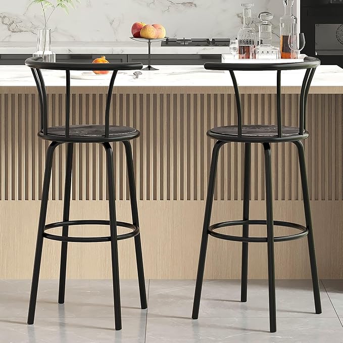 VECELO Bar Stools Set of 2, Swivel Counter Stools with Backrest, Bar Height Stools for Dining Room, Kitchen Island, Pub, Easy Assembly, Dark Grey