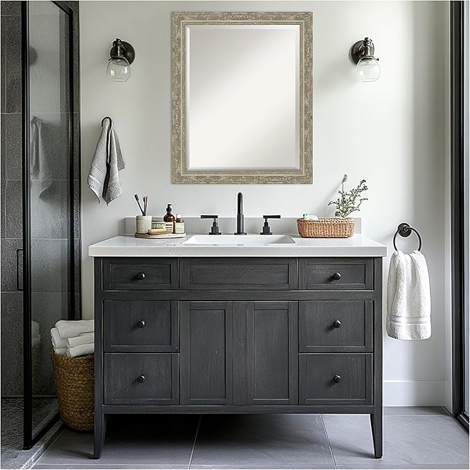 Amanti Art Bathroom Mirror for Over Sink, 27x33 Filigree Silver Rectangle Vanity Mirror, Large Traditional Frame, Hangs Horizonally and Vertically, Bathroom Wall Decor, Beveled Edge