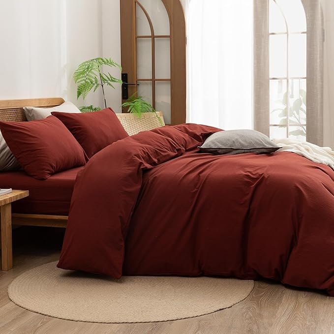 BESTOUCH Duvet Cover Set 100% Washed Cotton Linen Feel Super Soft Comfortable Chic Lightweight 3 PCs Home Bedding Set Solid Fired Brick Red Oversized Full