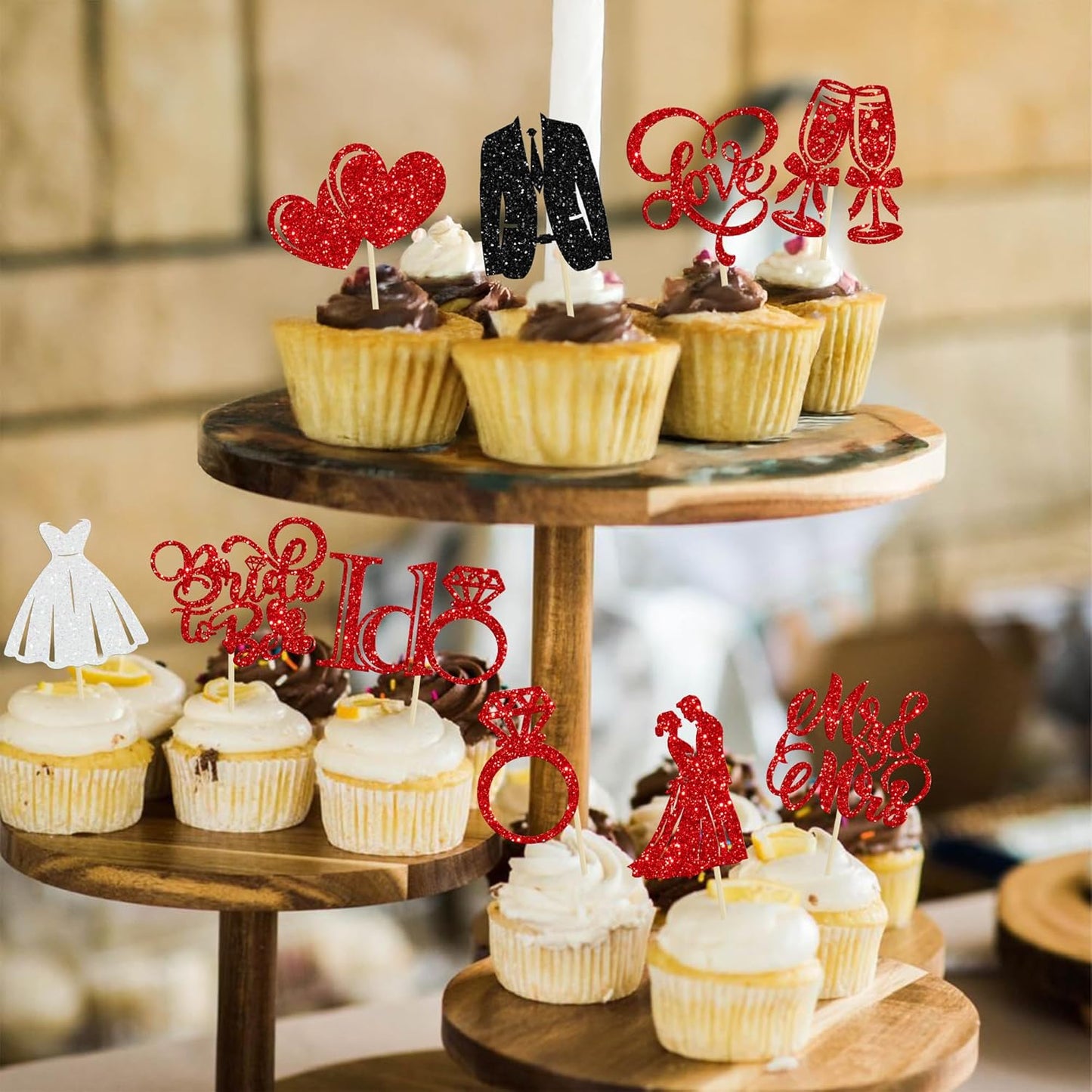 Gyufise 30Pcs Bride to Be Cupcake Toppers Glitter Diamond Ring I Do Love Cupcake Picks Miss to Mrs Bridal Shower Wedding Engagement Bachelorette Cake Decoration Red
