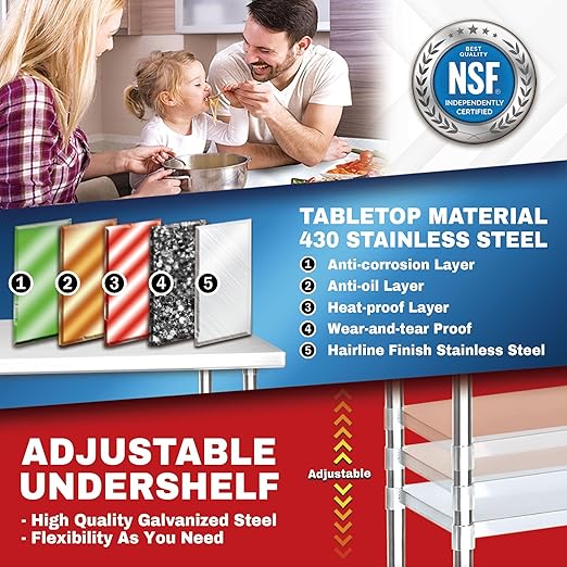 DuraSteel Food Prep Stainless Steel Table - 24 x 72 Inch Commercial Metal Workbench with Adjustable Under Shelf - NSF Certified - for Restaurant, Warehouse, Home, Kitchen, Garage