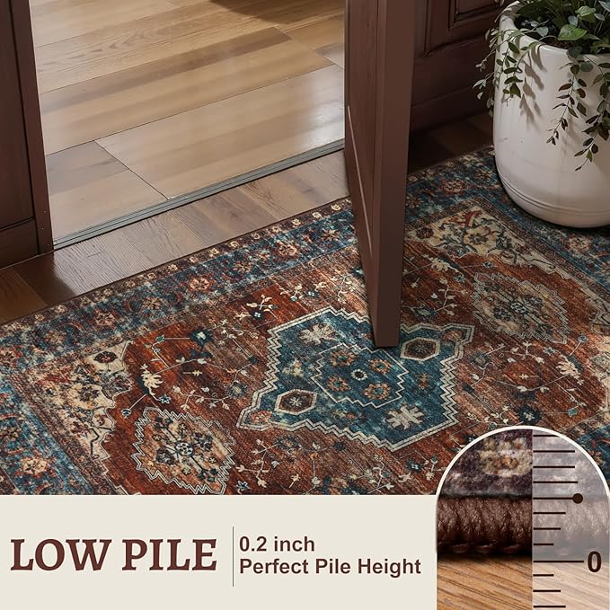 Tangsoo 5x7 Area Rug Washable Rug for Living Room, Vintage Indoor Non Slip Large Area Rugs, Print Distressed Rust Carpet, Soft Low Pile Foldable Floor Rug for Bedroom Dining Room Dorm