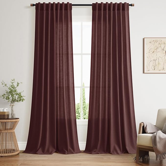 Nanspring Reddish Brown Linen Blend Light Filtering Back Tab Curtains 96 Inches by Nanspring