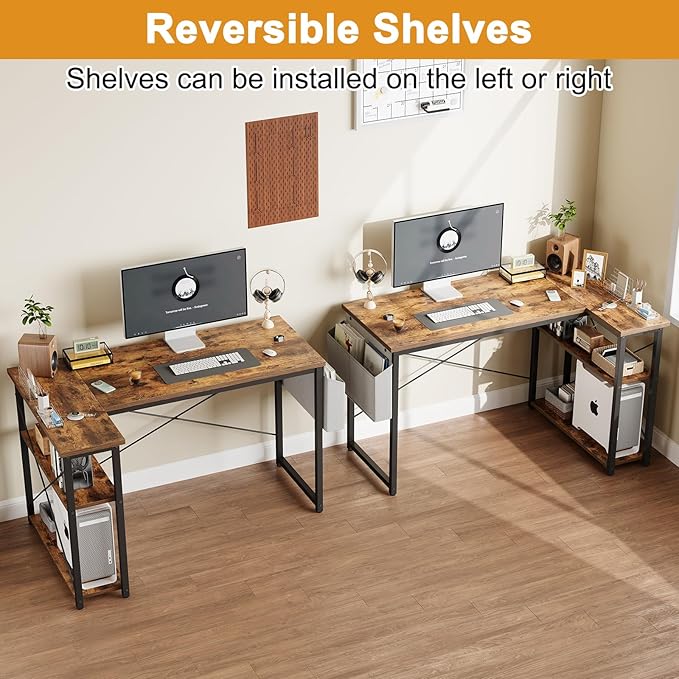 L Shaped Computer Desk with Reversible Shelves, 40 Inch Small Corner Desk with Storage Bag, Gaming Desk Computer Table Study Writing Desk for Home Office Small Space, Rustic Brown