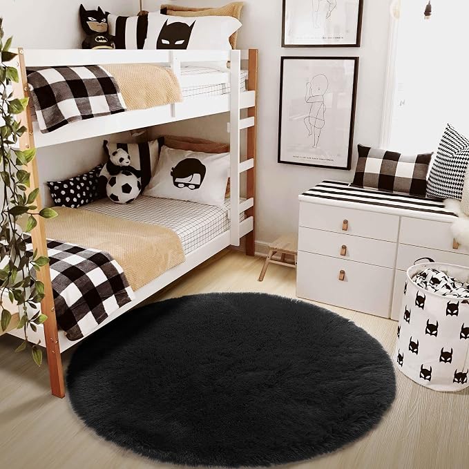 Black Round Rugs 5Ft for Bedroom Aesthetic, Fluffy Plush Circle Area Rugs for - Image 7
