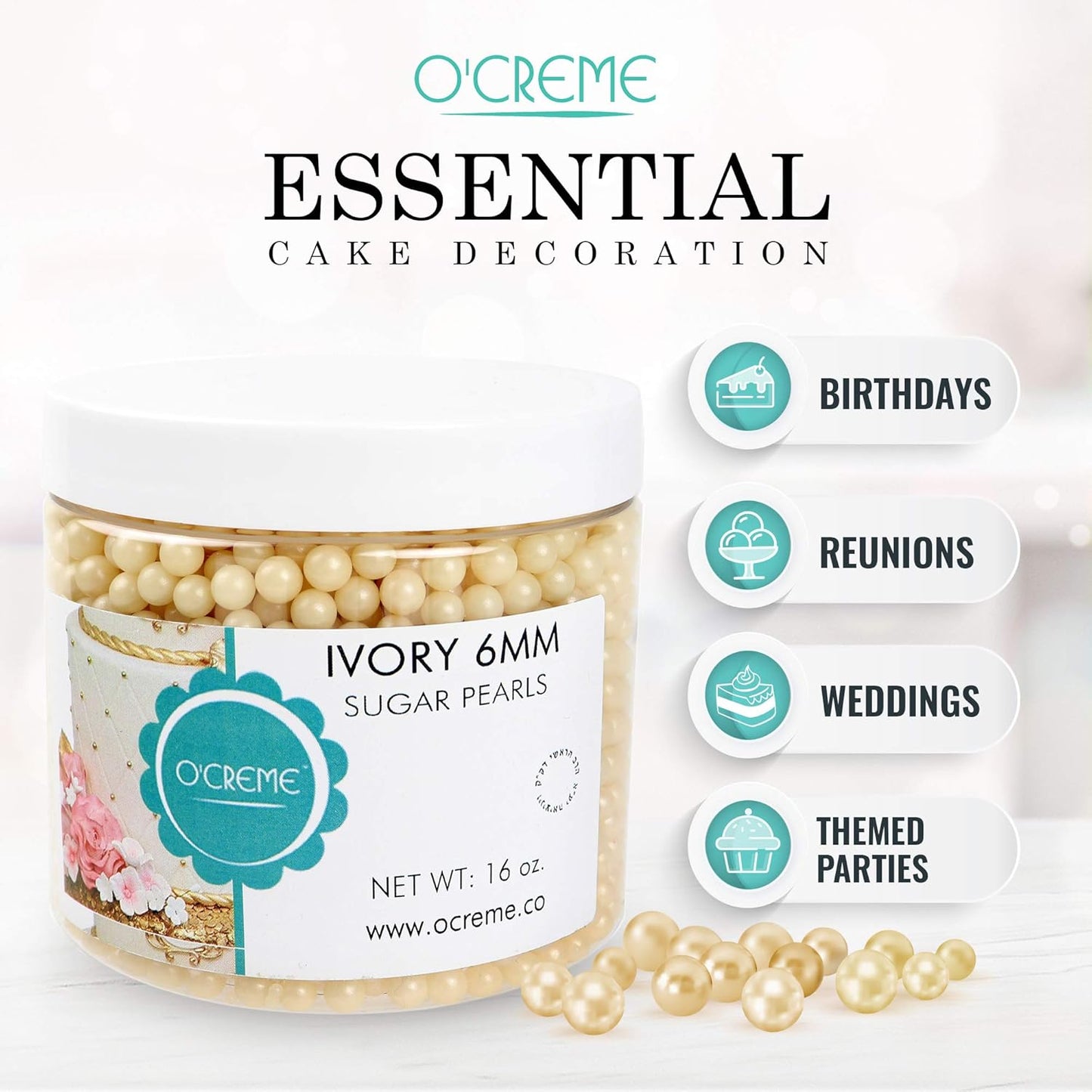 O'Creme Ivory Edible Sugar Pearls Cake Decorating Supplies for Bakers: Cookie, Cupcake & Icing Toppings, Beads Sprinkles For Baking, Certified, Candy Sugar Ball Accents (6mm, 32 Oz)