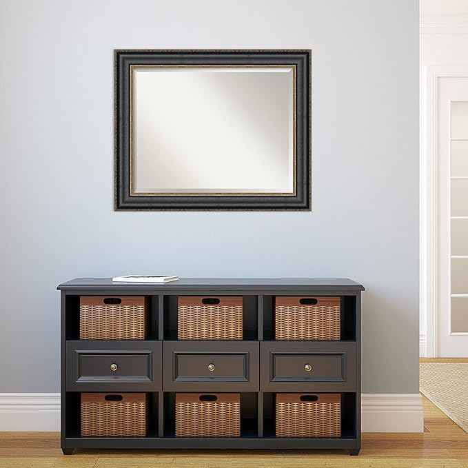 Amanti Art Black Bathroom Mirror for Over Sink, 28x34 Thomas Black Bronze Rectangle Vanity Mirror, Large Traditional Frame, Hangs Horizonally and Vertically, Bathroom Wall Decor, Beveled Edge