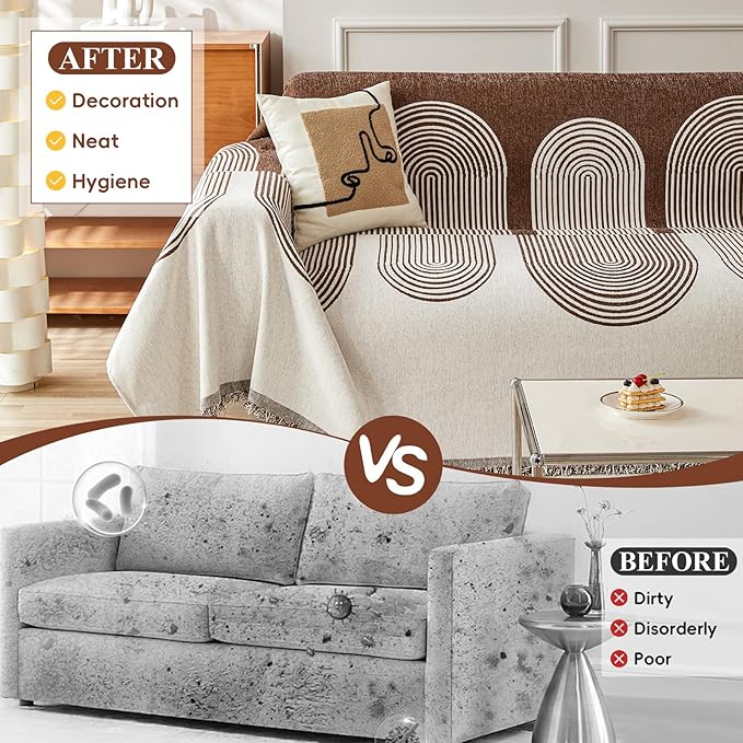 STACYPIK Soft Boho Chenille Couch Cover for Pets Beige Khaki Sofa Cover for 3 Cushion Couch Non Slip Furniture Protector with Tassels Geometric Couch Cover L Shaped Pet Friendly Washable-71x150IN
