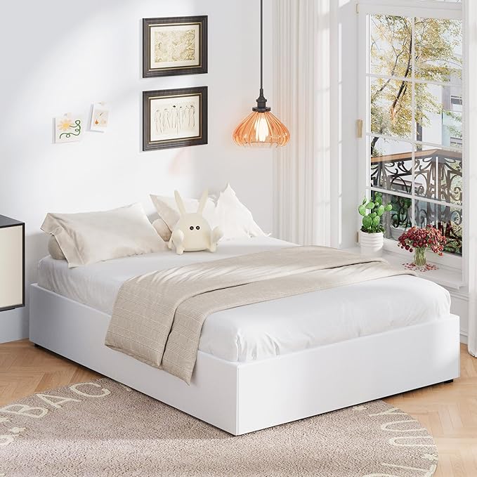 16 Inch Queen Bed Frame with White Skirt Cover, Metal Bed Frame Queen Size with Storage, No Box Spring Needed, Heavy Duty, Easy Assembly, Noise Free, Mattress Foundation
