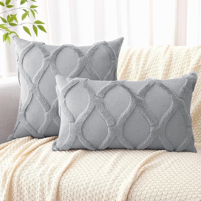 decorUhome Throw Pillow Covers 24x24 Inch Set of 2, Soft Plush Faux Fur Wool Grey Couch Pillow Covers, Decorative Neutral Pillow Cases for Bed Sofa Living Room Home Decor