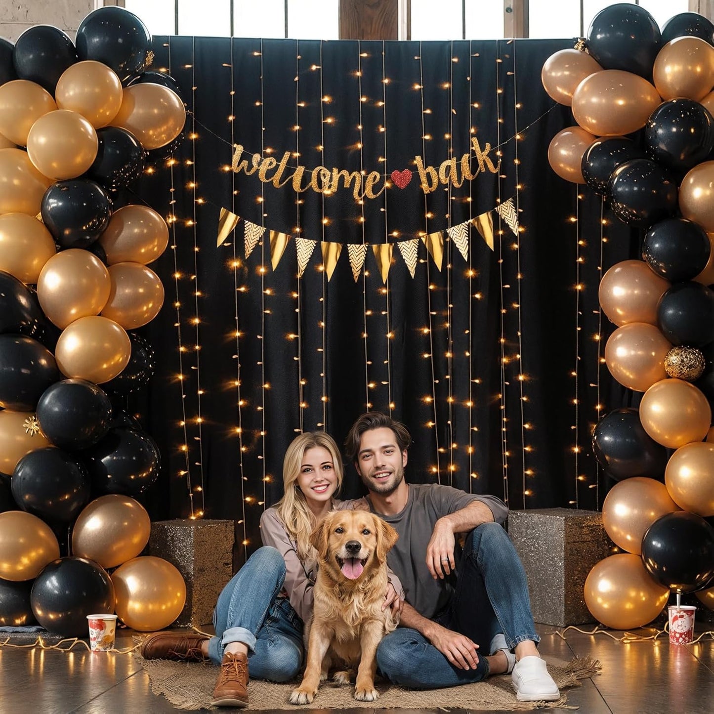 Black Backdrop Curtain with Lights String for Parties,10x10FT Wrinkle Free Black Drapes Wedding Photo Backdrop Curtains for Baby Shower Birthday Ceremony Reception Home Party Decorations