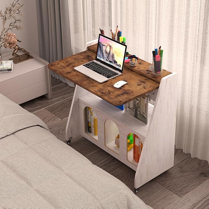 Pmnianhua Home Office Desk with Wheels,Multipurpose Mobile Workstation,Rolling Computer Writing Desk with 4 Lockable Wheels and Storage(Rustic Brown)