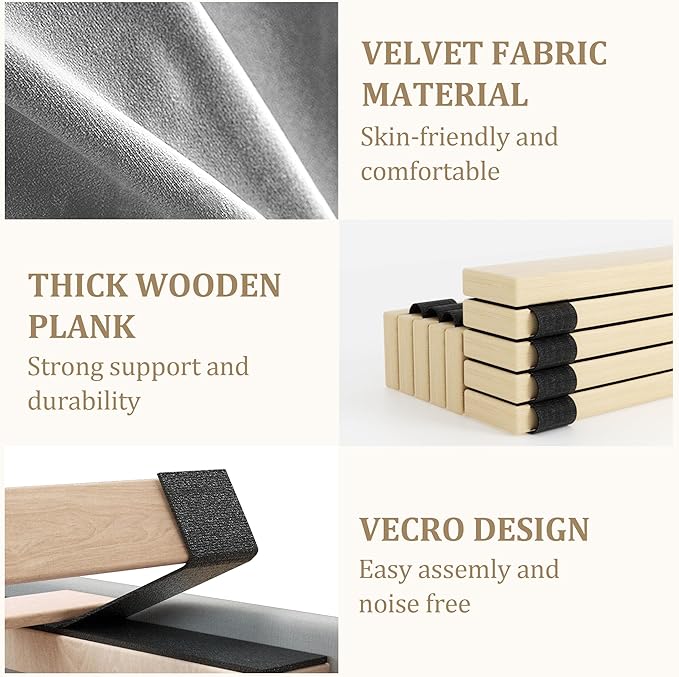 King Bed Frame with Storage Drawers, Upholstered Platform Bed with Headboard and Wingboard, No Box Spring Needed, NO Noise, Easy Assembly, Wooden Support Slats,Light Grey