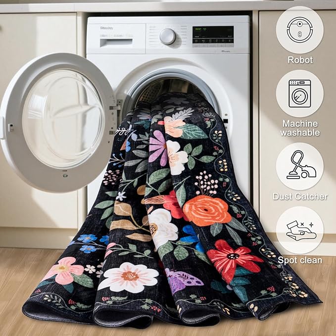 6x9 Area Rugs for Living Room: Floral Washable Rug Vintage Large Soft Boho Non-Slip Carpet Indoor Floor Stain Resistant Thin Carpets for Bedroom Dining Room Farmhouse Nursery Hallway Home Office Black
