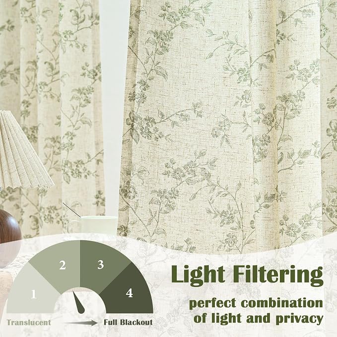 Lazzzy Linen Farmhouse Curtains Green Floral Curtains 63 Inch Length Back Tab - Image 3