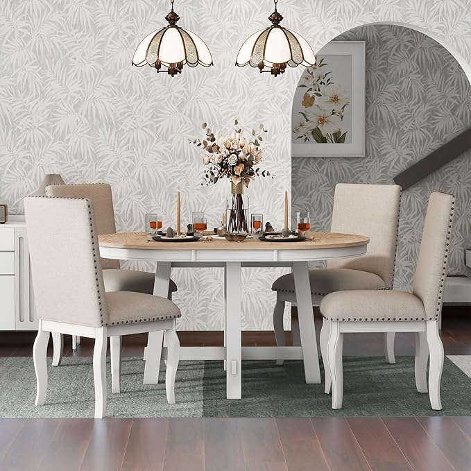 Ball & Cast 5 Piece Dining Table Set with 4 Upholstered Curved Legs Chairs,Living Room Furniture W/ 43" Round Extendable Desk,for Restaurant,Home Bistro,Oak Natural Wood + Antique White