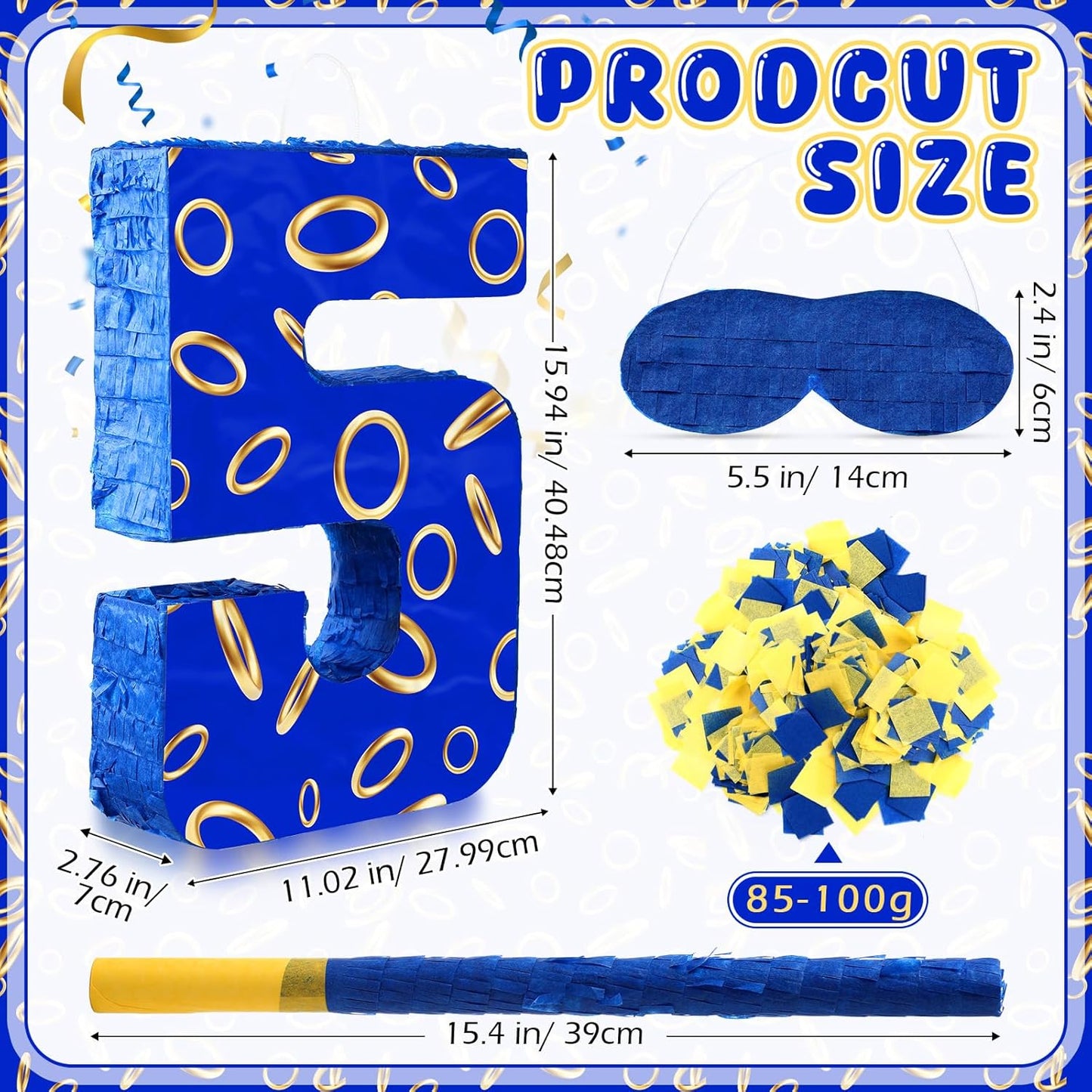 Number 5 Blue and Golden Rings Piñata for Kids Birthday Cartoon Theme Small Piñata with Blindfold Stick Confetti for Fiesta Cinco De Mayo Party Decor, 15.8 x 11 x 2.8 Inch