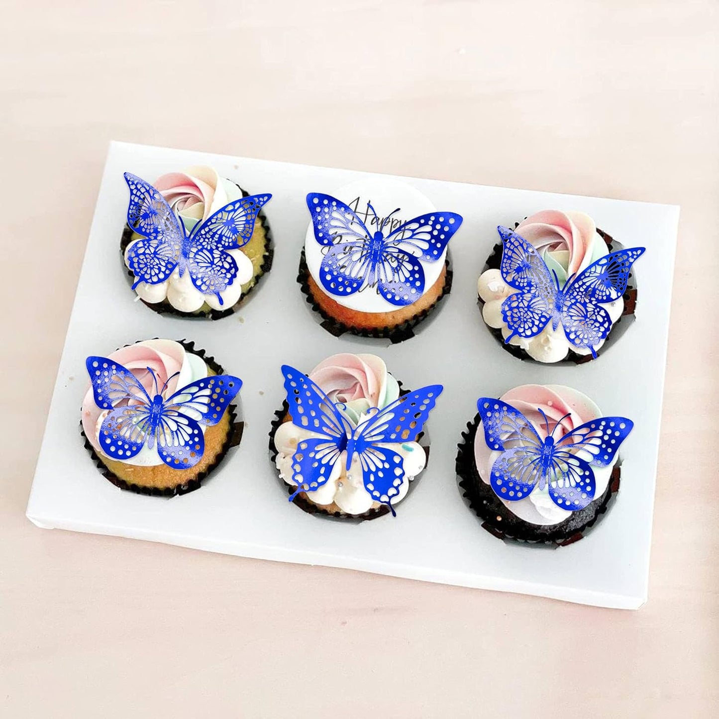 Gyufise 36 Pack Blue 3D Butterfly Cupcake Toppers Hollow Butterfly Cake Decorations for Birthday Wedding Fairy Party Butterfly Wall Sticker Decal for Background Wall Decoration