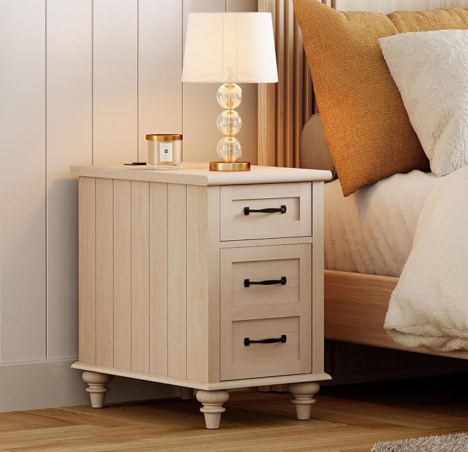 WAMPAT Set of 2 End Tables with Charging Station, Beige Tall Side Table with Storage Cabinet & Drawer, Wooden Nightstands with Power Outlets & USB Ports for Bedroom, Living Room