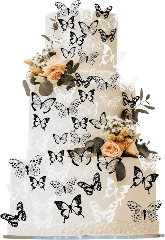 Gyufise 36Pcs Butterfly Cupcake Toppers - Lively PVC Art 3D Cake Decorations for Baby Shower, Kids Birthday Party - Black, White, Transparent