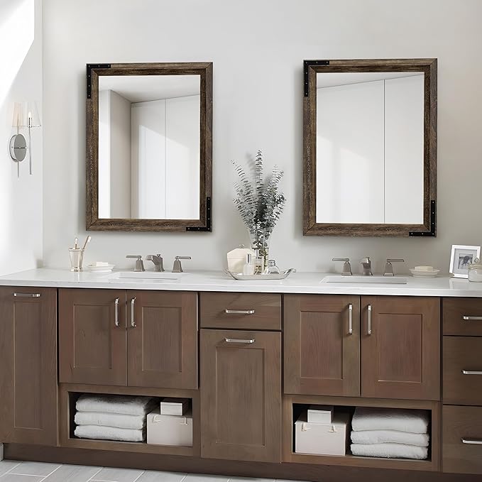 YOSHOOT Farmhouse Bathroom Mirror, Rustic Wooden Framed Mirror, Wood Vanity Mirror, Solid Wood & Handmade, Vertical or Horizontal Hanging for Bathroom Entryway Living Room Bedroom, 32" x 24", Brown