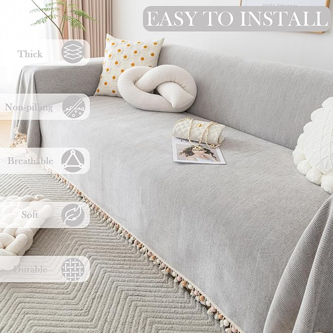 HANDONTIME Grey Sofa Cover for 3 Seat Couch - Dog Resistant, Light Grey, 91" X118", Tassel Chenille Herringbone